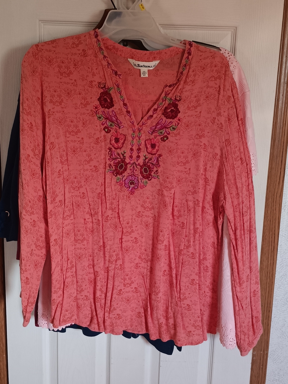 Tantrums Coral Pink Embroidered V-Neck Blouse